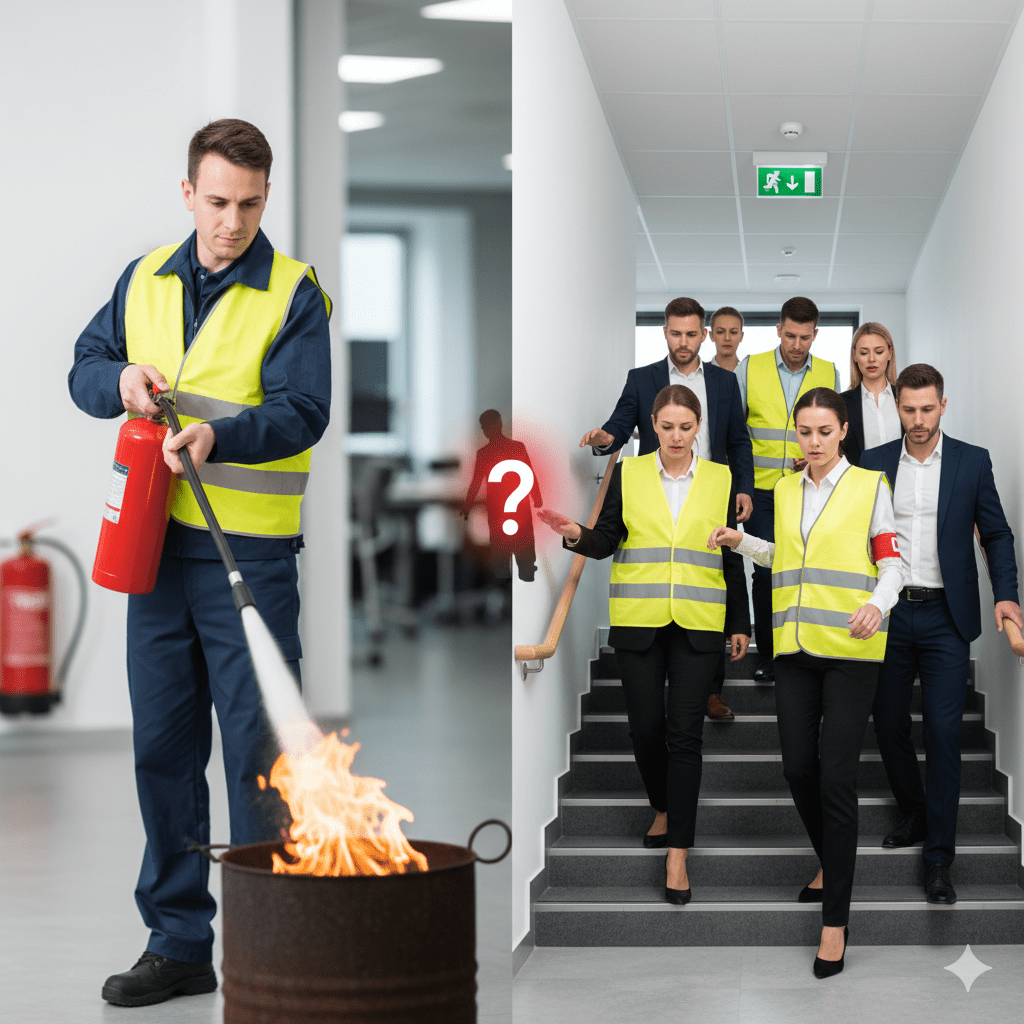 Zwei Fachkräfte für Sicherheit in Warnwesten besprechen die Evakuierungsroute vor einem Gebäude, während im Hintergrund ein Brandschutzhelfer bereitsteht – Symbol für die Rollentrennung im Notfall.